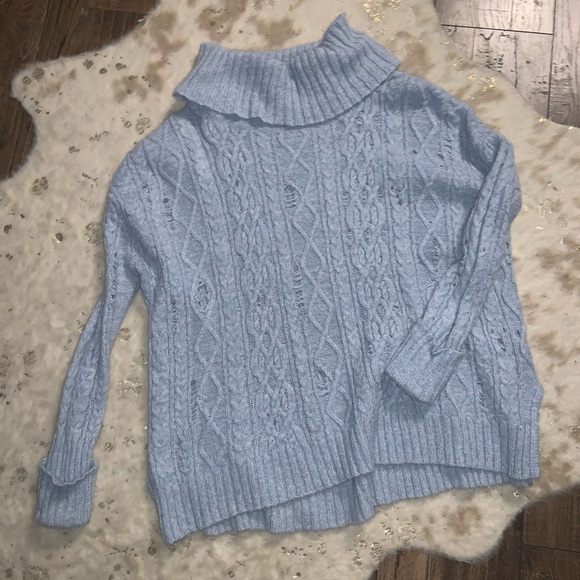 Free People Sweater Complex Cable Turtleneck blue boho $138 knit spring classic - Picture 2 of 8